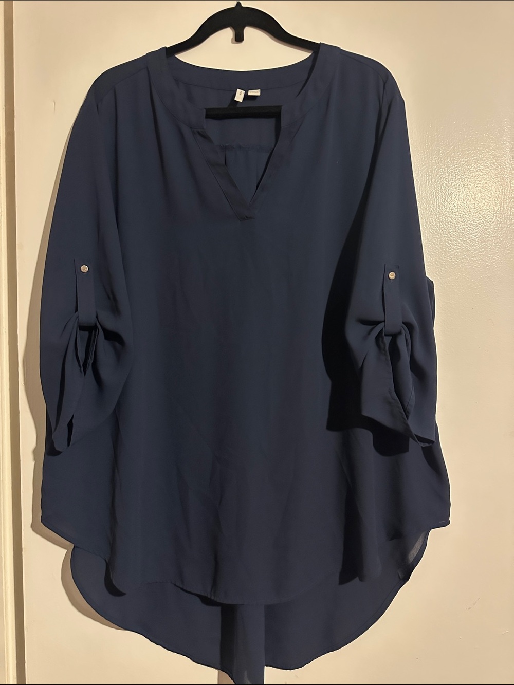 Elegant Navy V-Neck Roll-Sleeve Tunic Top
